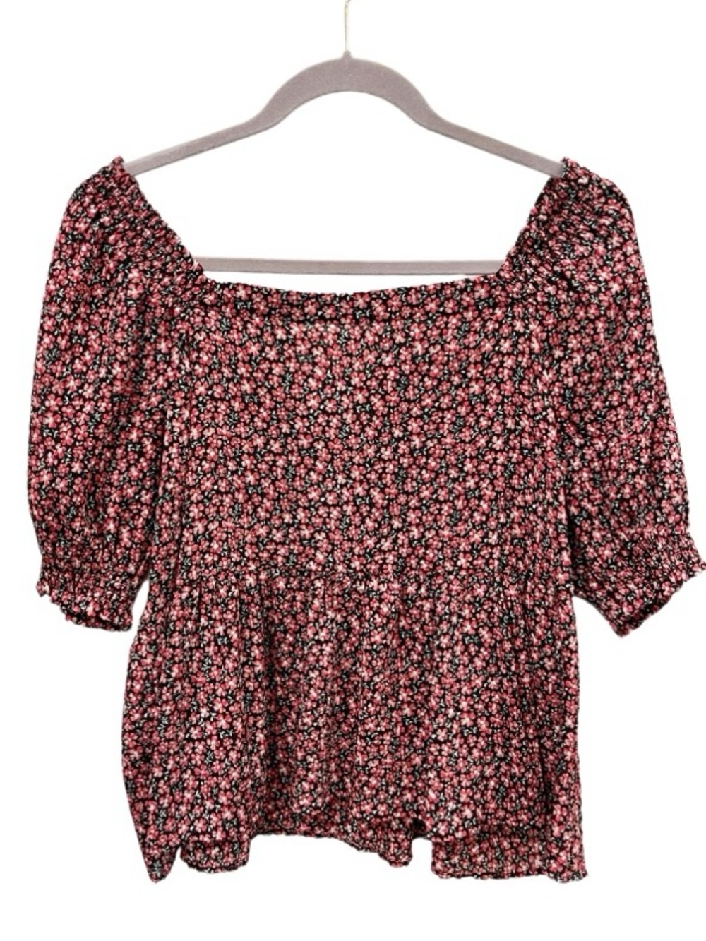 Loft Ditsy Floral Top Size Large Black Red Puff Sleeve Cottagecore Dark Coquette